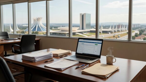 Escritório em Brasília com currículos e laptop exibindo vagas de emprego no DF