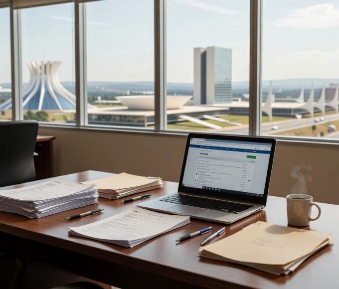 Escritório em Brasília com currículos e laptop exibindo vagas de emprego no DF