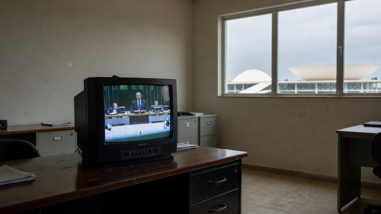 Televisão sintonizada em programa da TV Câmara em escritório brasileiro