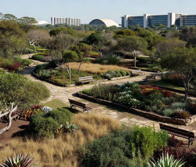 Jardim terapêutico em Brasília com sinais de abandono, representando lei em risco