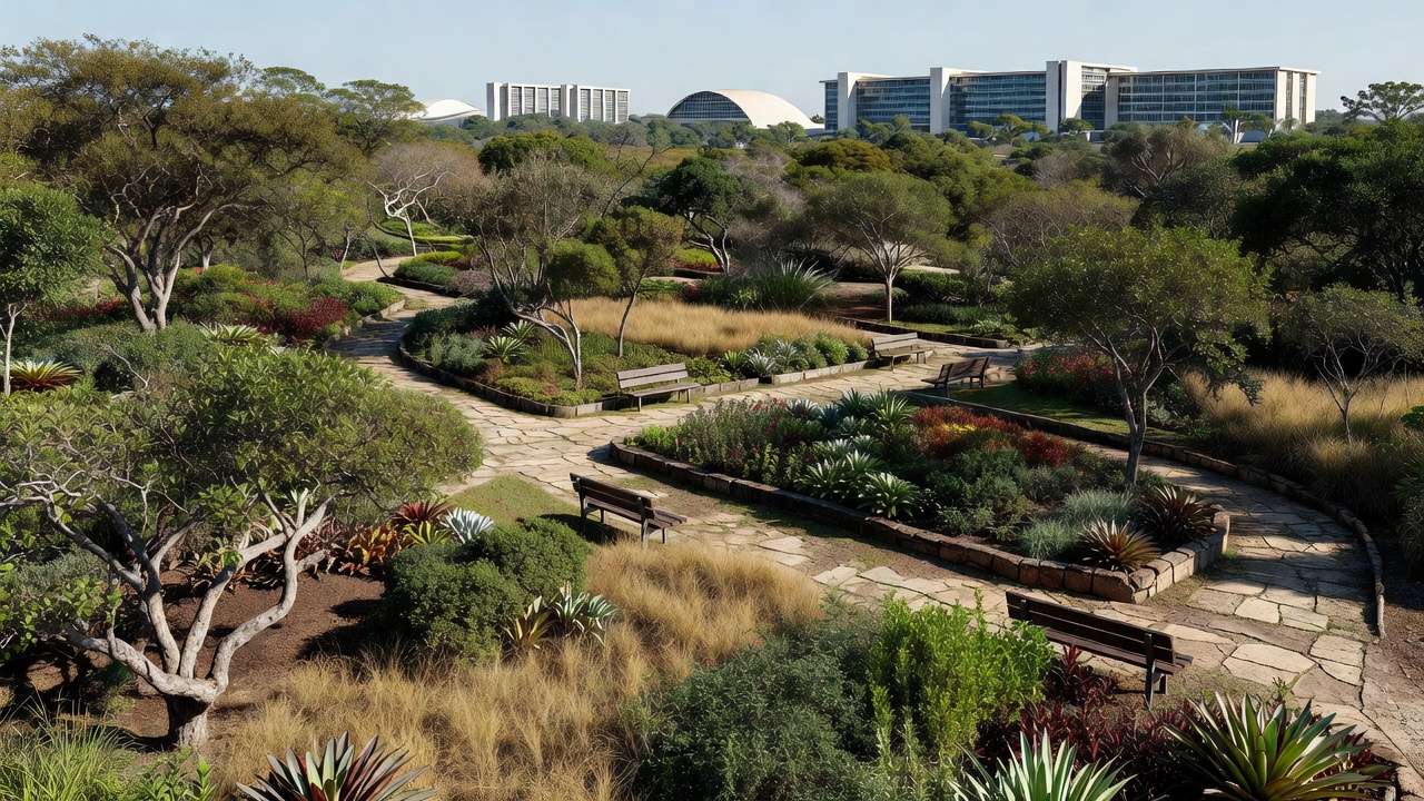 Jardim terapêutico em Brasília com sinais de abandono, representando lei em risco