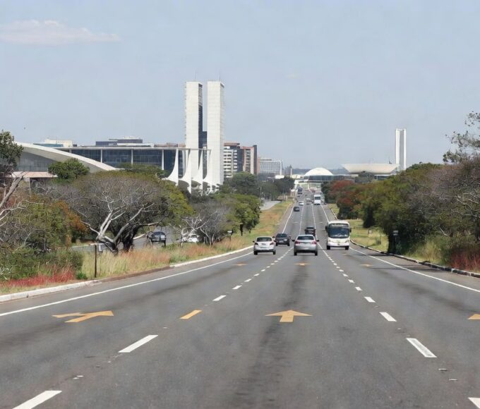 Rodovia Via JK em Brasília com sinalização de limite de velocidade