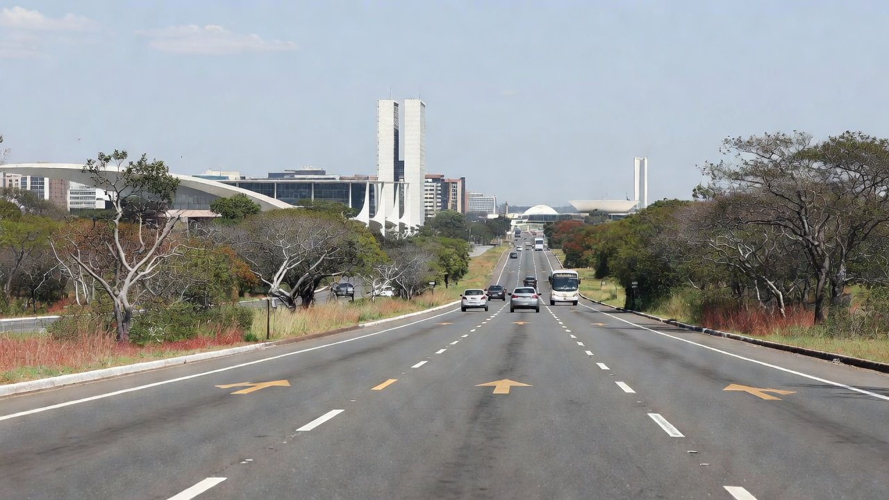 Rodovia Via JK em Brasília com sinalização de limite de velocidade
