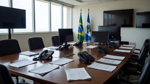 Telefone e documentos em mesa de escritório no Distrito Federal sobre canais de denúncia para direitos de crianças