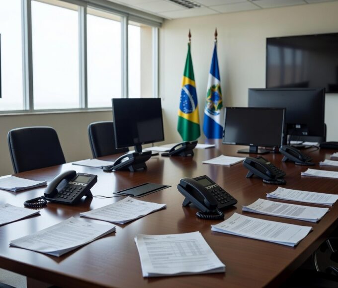 Telefone e documentos em mesa de escritório no Distrito Federal sobre canais de denúncia para direitos de crianças