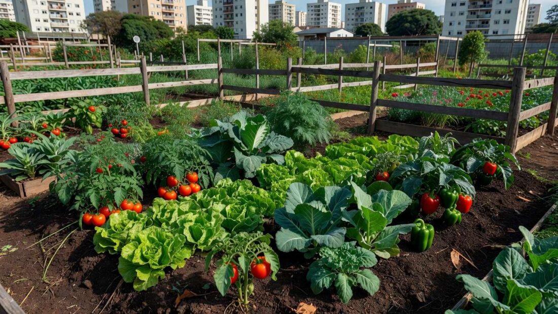 Horta comunitária no Guará com canteiros de hortaliças em terreno urbano produtivo