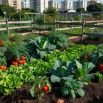 Horta comunitária no Guará com canteiros de hortaliças em terreno urbano produtivo