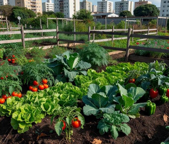 Horta comunitária no Guará com canteiros de hortaliças em terreno urbano produtivo