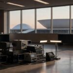 Monitores repetindo imagem do programa Quem faz Brasília na TV Câmara