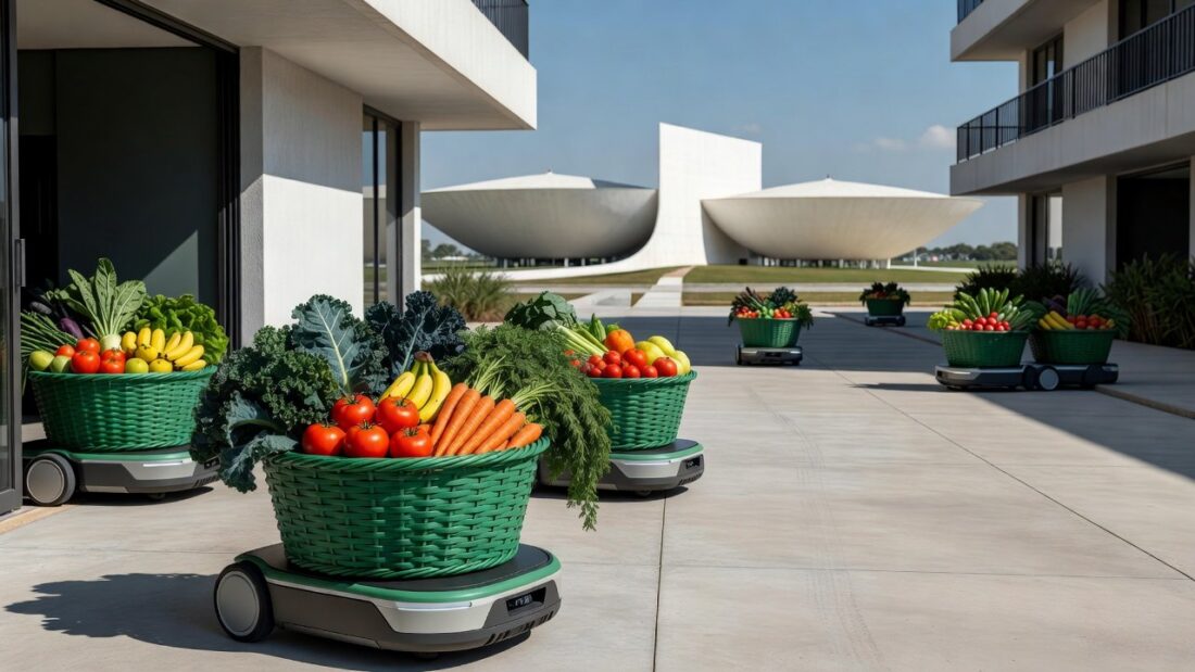 Cestas verdes com alimentos sendo entregues automaticamente no DF