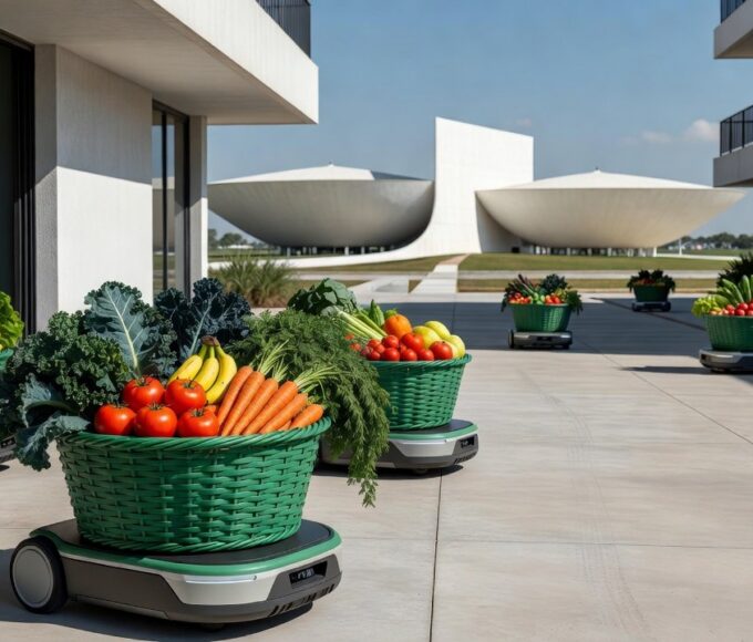 Cestas verdes com alimentos sendo entregues automaticamente no DF