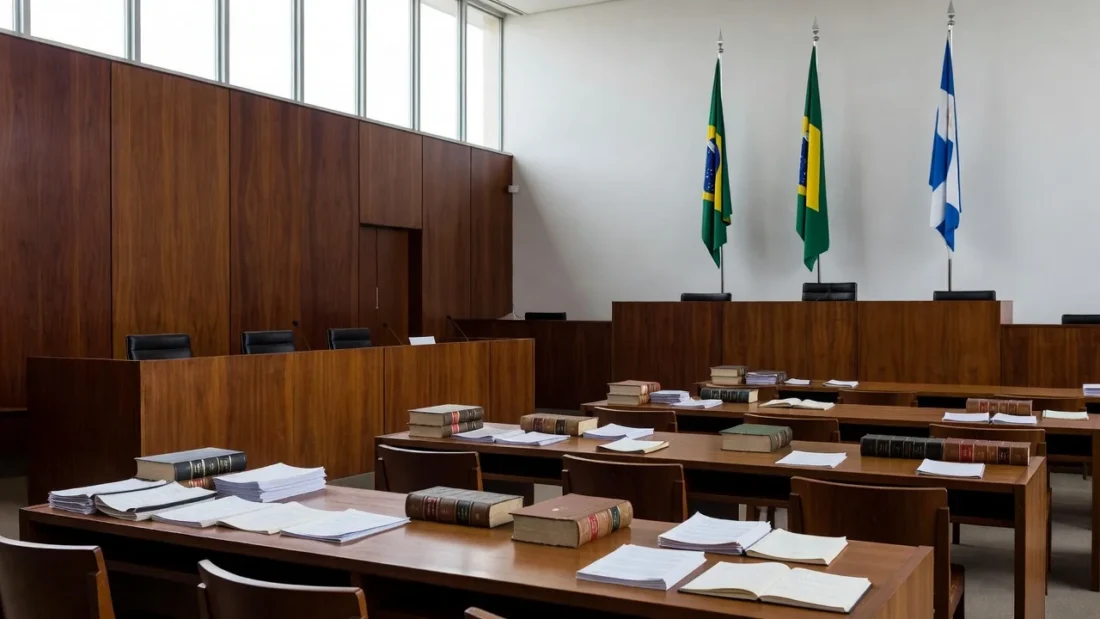 Sala de julgamentos no TJDFT em Brasília com elementos jurídicos