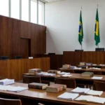 Sala de julgamentos no TJDFT em Brasília com elementos jurídicos