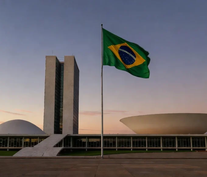 Prédio da Câmara Legislativa do DF em Brasília com bandeira brasileira