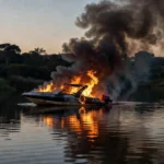 Lancha em chamas no Lago Sul em Brasília após incêndio