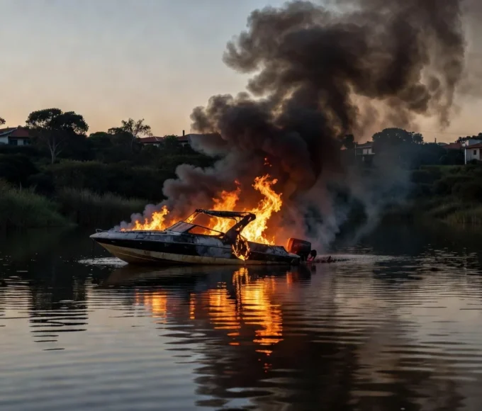 Lancha em chamas no Lago Sul em Brasília após incêndio