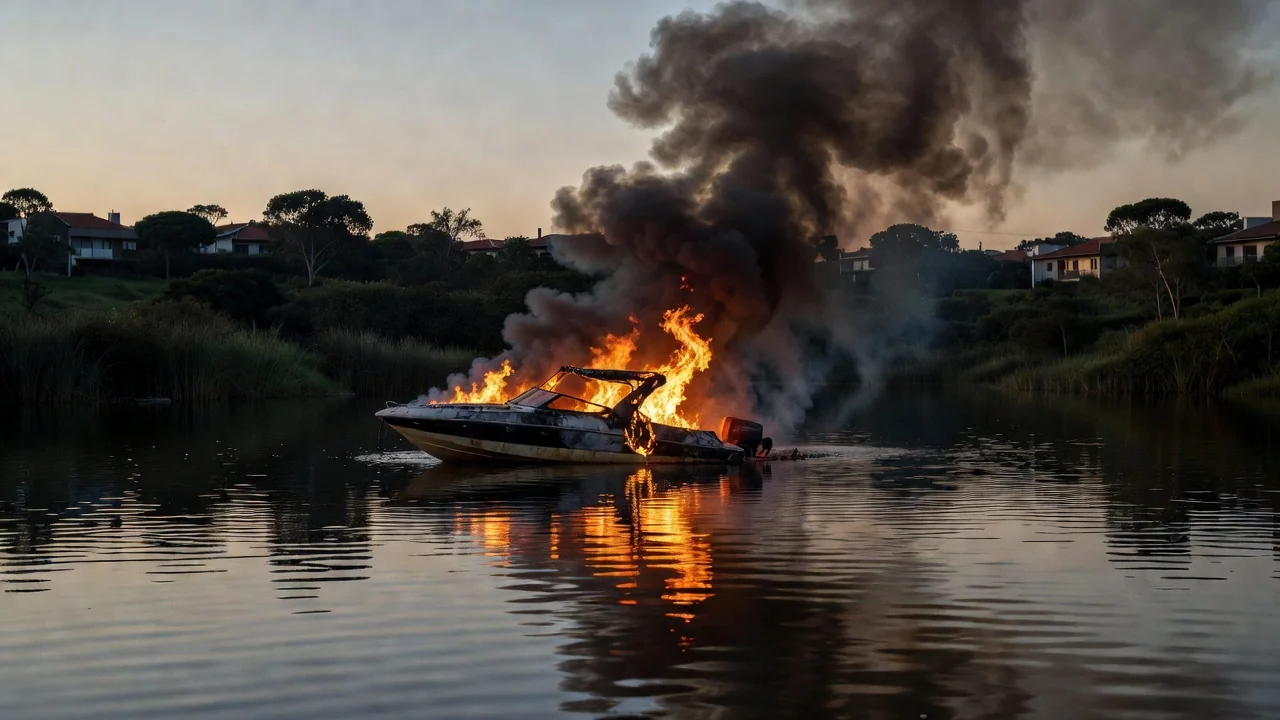 Lancha em chamas no Lago Sul em Brasília após incêndio