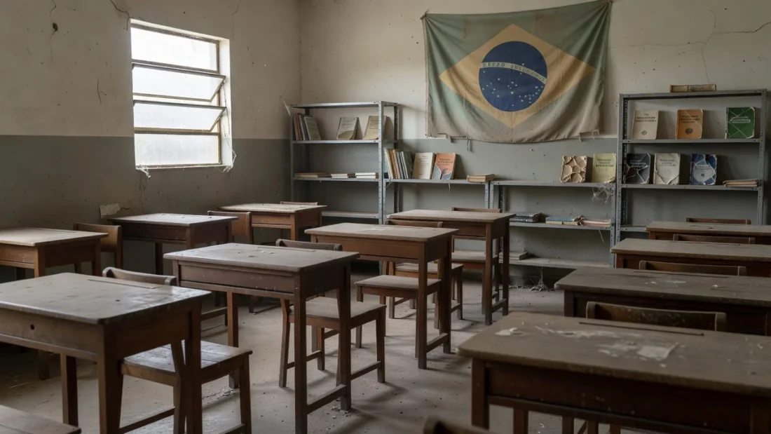 Sala de aula vazia em escola pública brasileira representando baixa participação no projeto Infância Cidadã