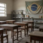 Sala de aula vazia em escola pública brasileira representando baixa participação no projeto Infância Cidadã