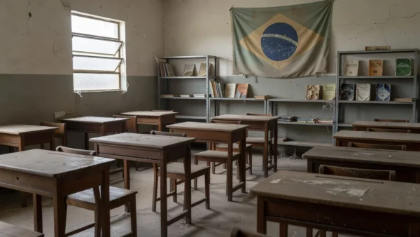 Sala de aula vazia em escola pública brasileira representando baixa participação no projeto Infância Cidadã