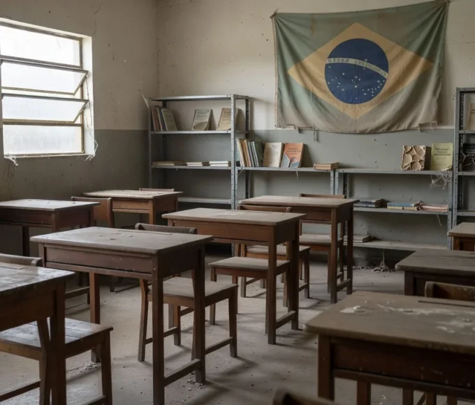 Sala de aula vazia em escola pública brasileira representando baixa participação no projeto Infância Cidadã