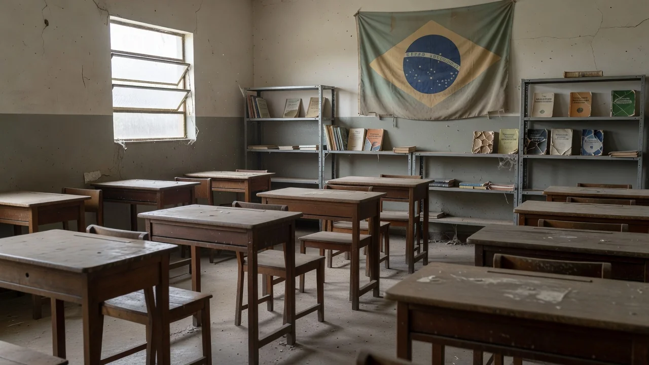 Sala de aula vazia em escola pública brasileira representando baixa participação no projeto Infância Cidadã