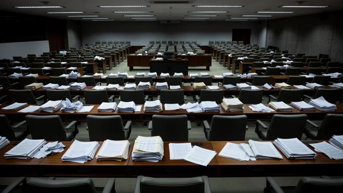 Sala de sessões vazia da CLDF em Brasília, simbolizando ineficácia