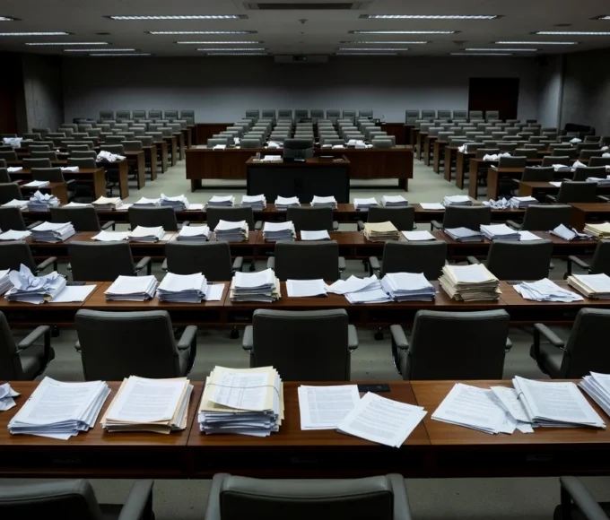 Sala de sessões vazia da CLDF em Brasília, simbolizando ineficácia