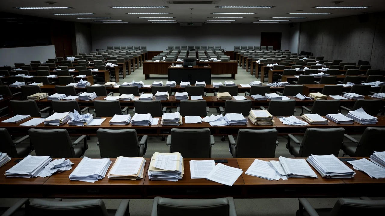 Sala de sessões vazia da CLDF em Brasília, simbolizando ineficácia