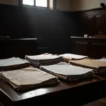Documentos judiciais e notas de real em tribunal de Brasília sobre condenação do TJDFT em multipropriedade