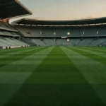 Estádio de futebol brasileiro vazio ao entardecer, representando clubes e MP das Bets