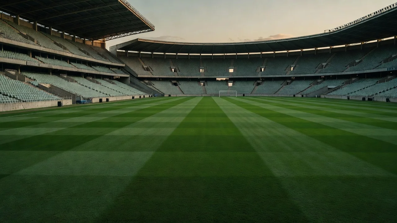 Estádio de futebol brasileiro vazio ao entardecer, representando clubes e MP das Bets